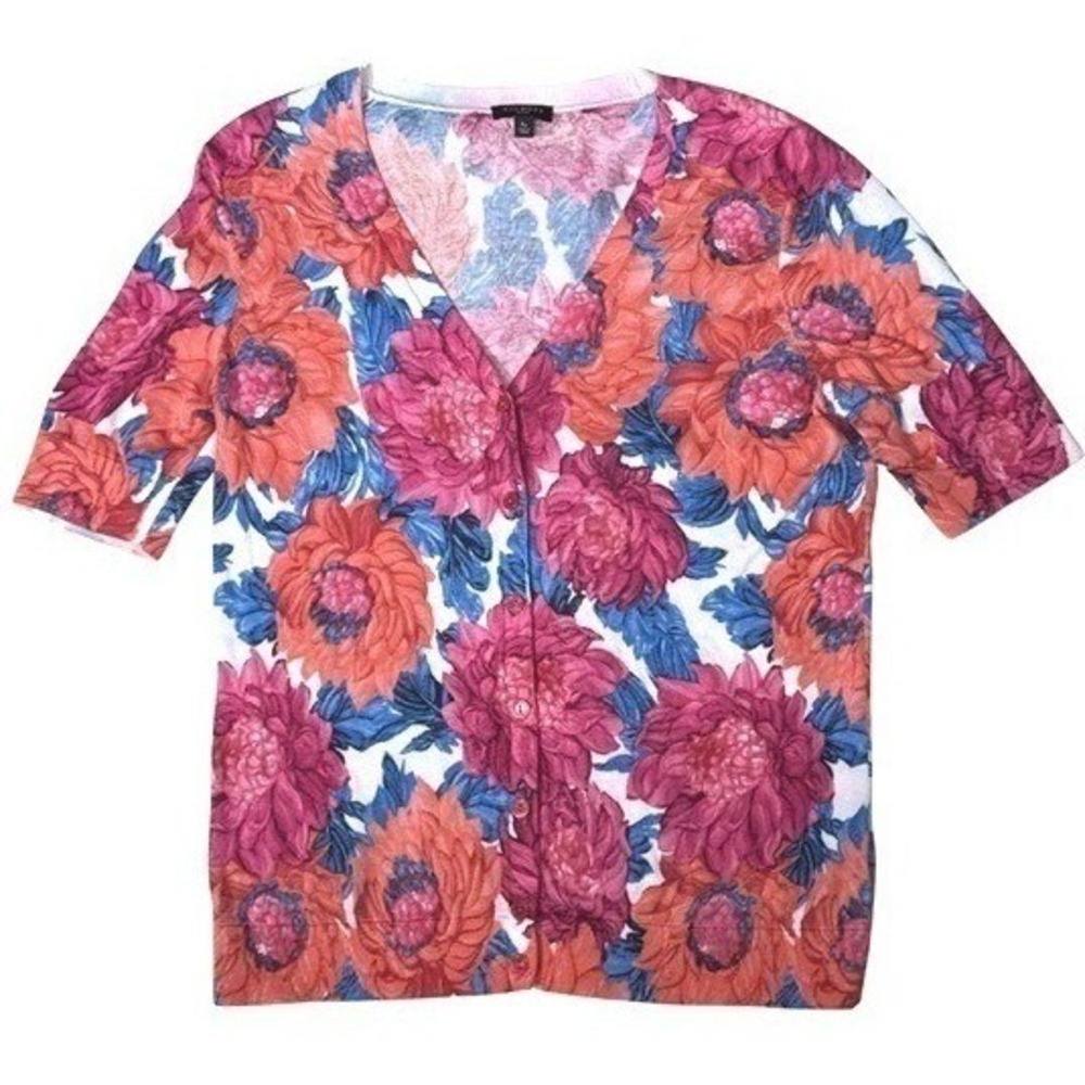 Talbots Petites Floral Short Sleeve Cardigan Pink Orange Blue V-Neck Size SP